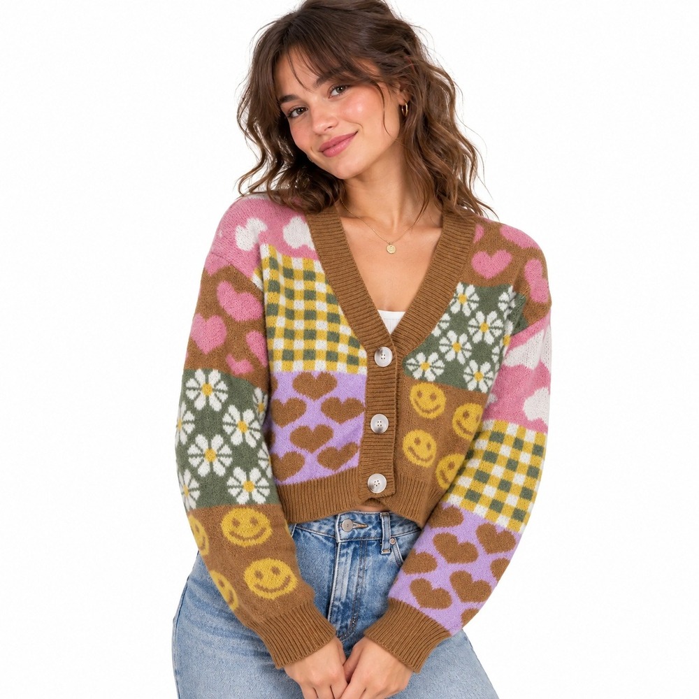 Debut Quirky Patchwork Cropped Cardigan Womens XS Brown Pink Retro Indie Whimsy
